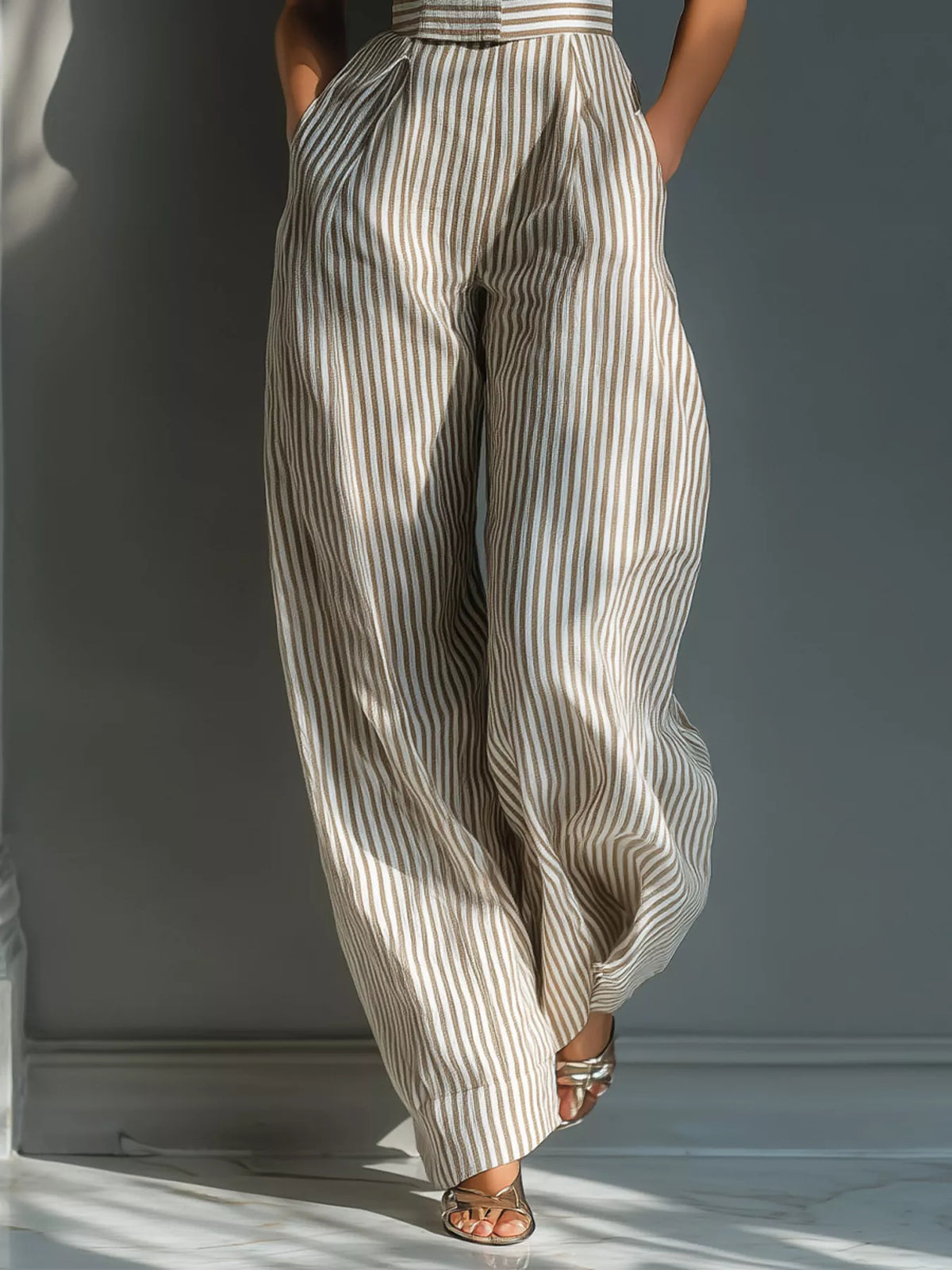 Women's Striped Wide-Leg Jumpsuit with Tie-Shoulder Detail in Khaki, back view