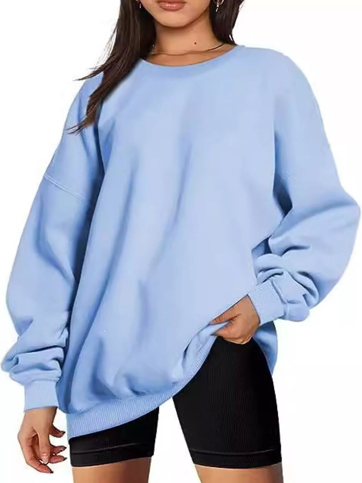 Ribbed Trim Crew Neck Sweatshirt in light blue, front view
