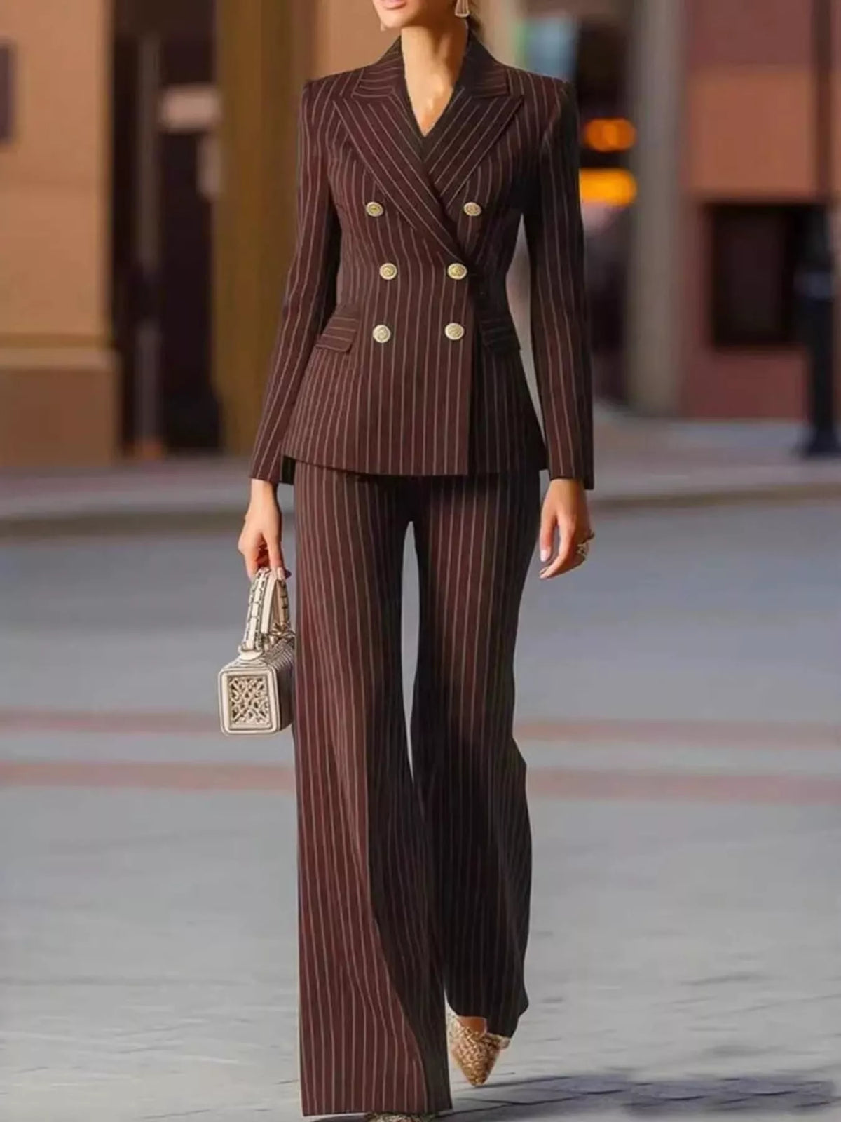 Pinstripe pantsuit, brown suit front