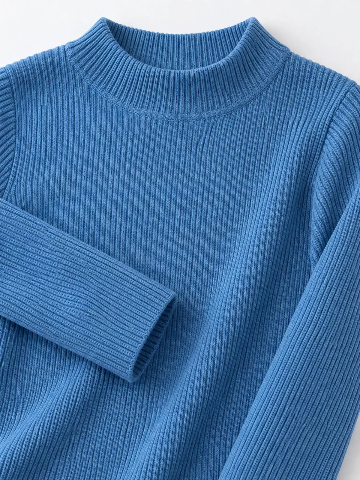 Blue ribbed mock neck long sleeve knit top, ribbed knit and neckline detail
