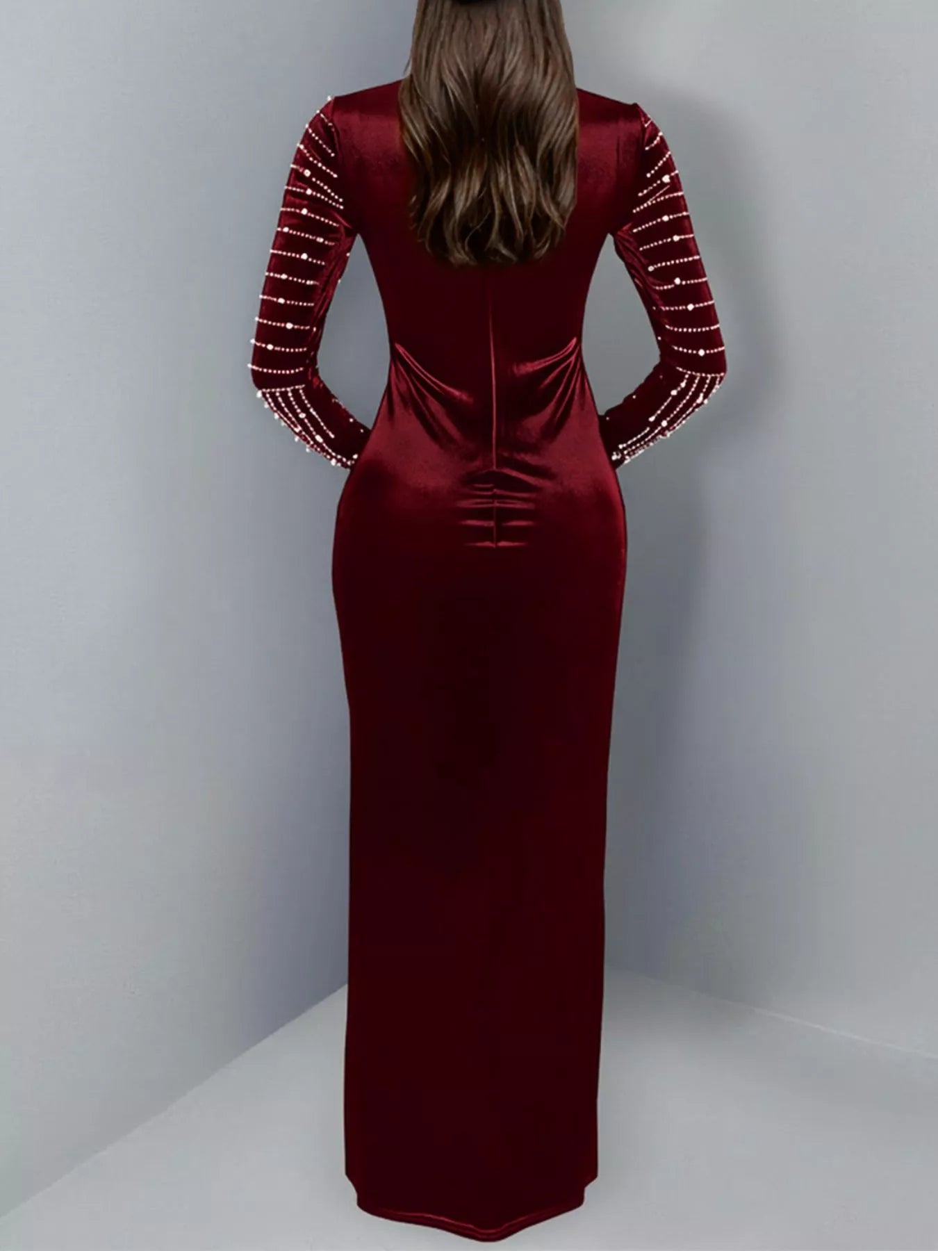 Trendsi Rhinestone Embellished Mock Neck Long Sleeve Maxi Dress -