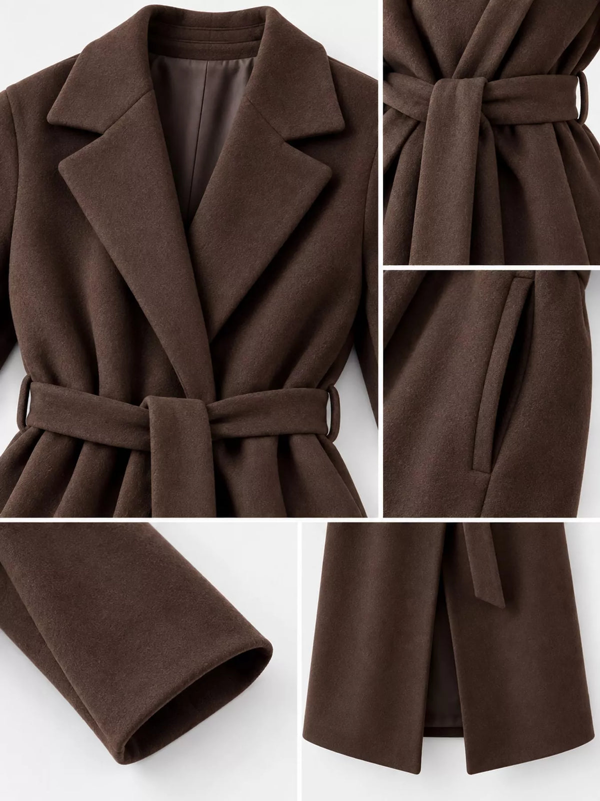 Brown lapel collar belted coat, lapel, belt, cuff, and side opening