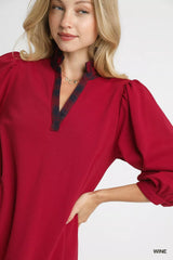 Trendsi Umgee French Terry Ruffle Hem Dress with Plaid Trim -