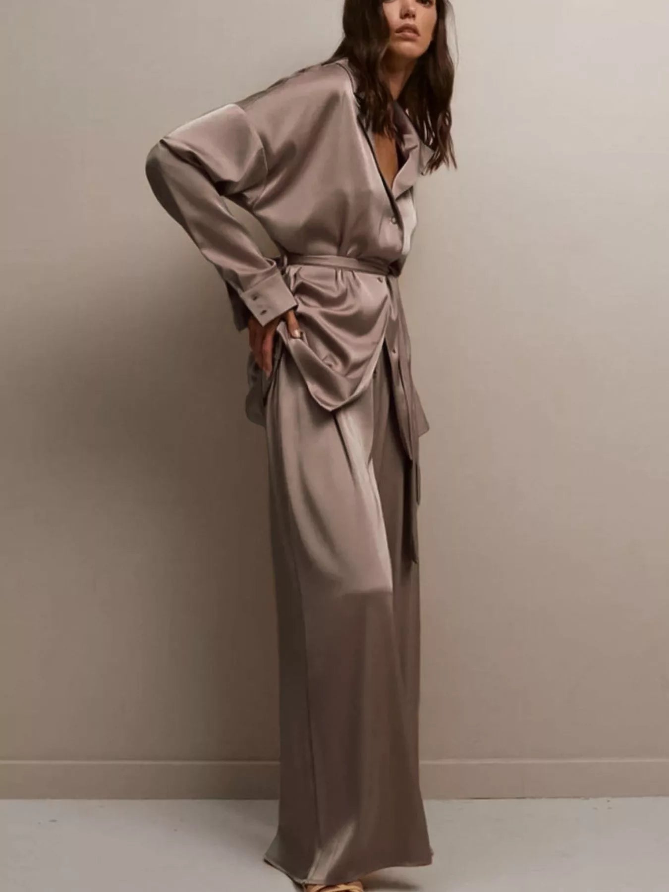 Trendsi Satin Long Sleeve Shirt and Pants Set -