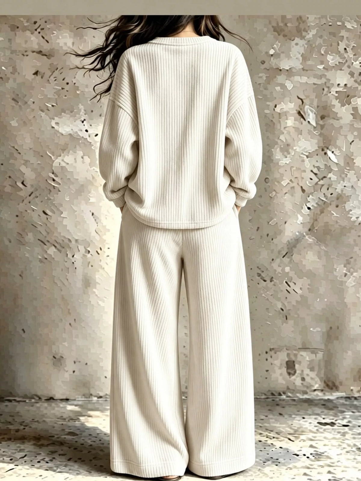 Cream corduroy v-neck top and pants set — back view