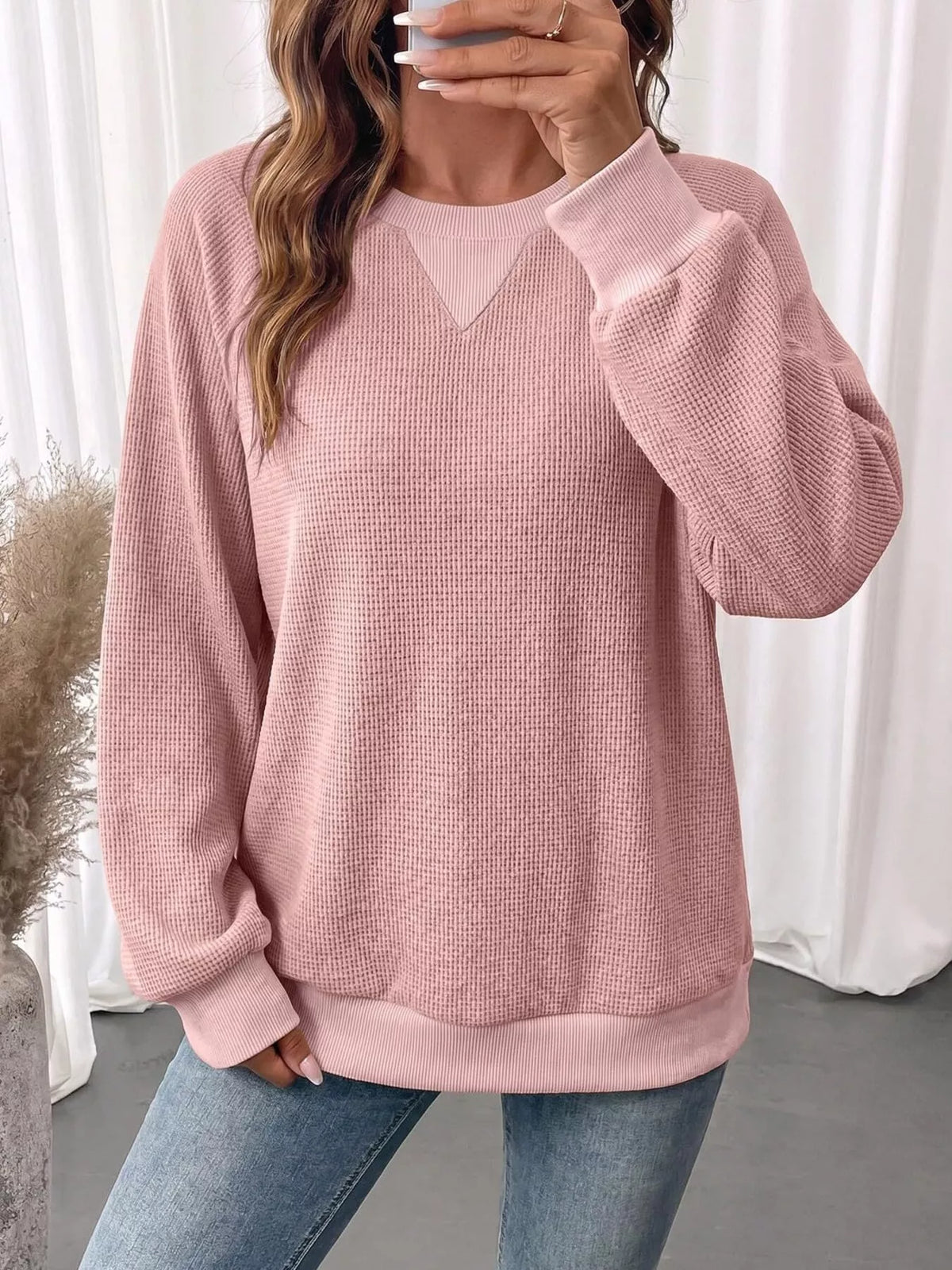 Trendsi Waffle Knit Crew Neck Long Sleeve Sweatshirt -