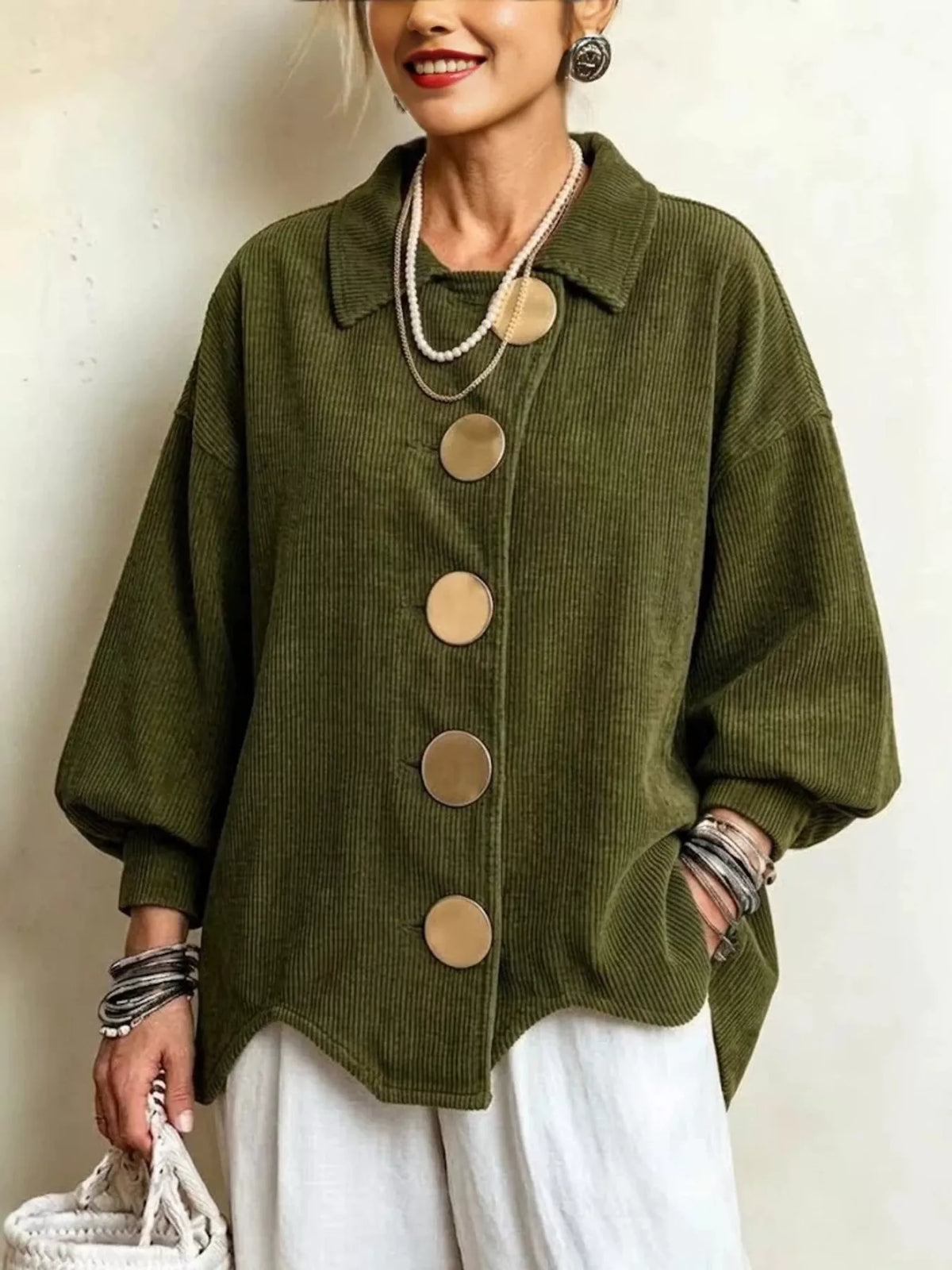 Women's Corduroy Button-Down Jacket in olive — front view