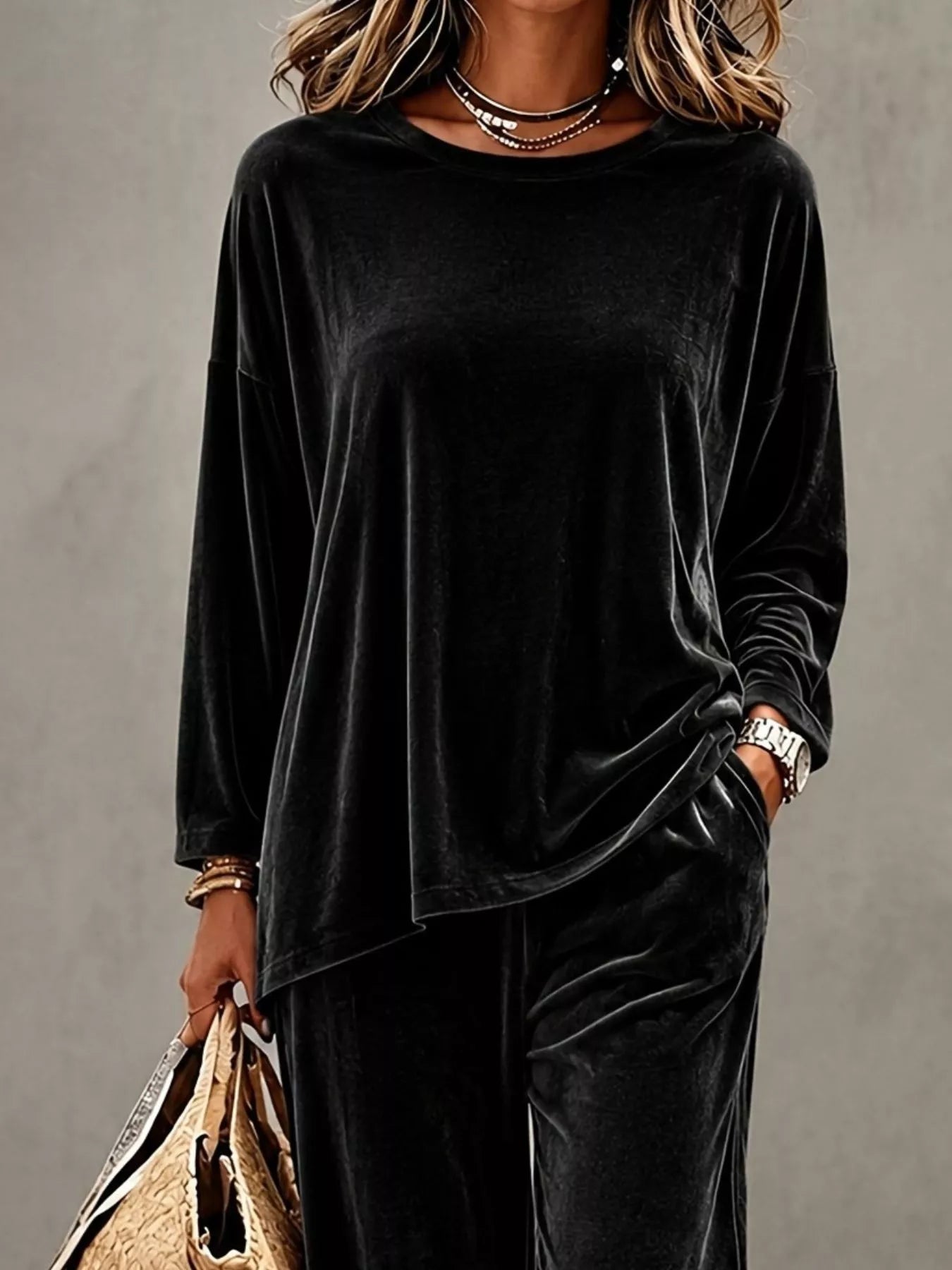 Trendsi Full Size Velvet Long Sleeve Top and Pants Set Plus Size -