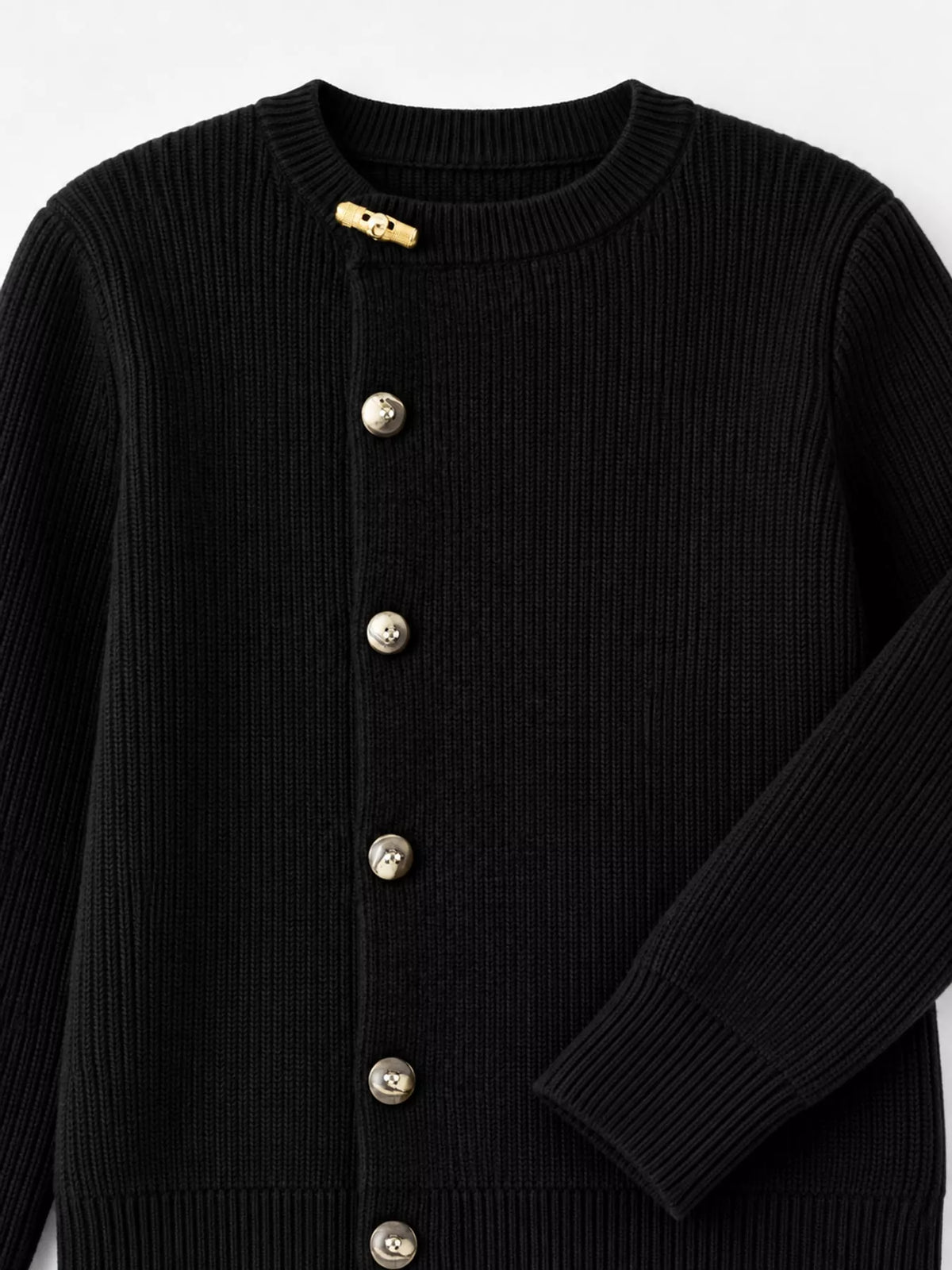 Black ribbed knit asymmetrical button cardigan