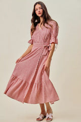 Trendsi SO ME Stripe Textured Short Sleeves Lined Wrap Midi Dres -