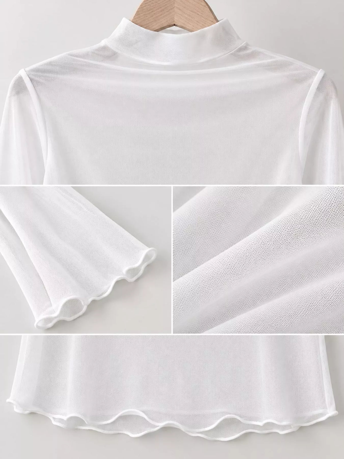 White sheer turtleneck mesh t-shirt, high neckline, lettuce-trim cuff, hem, and sheer fabric close-ups