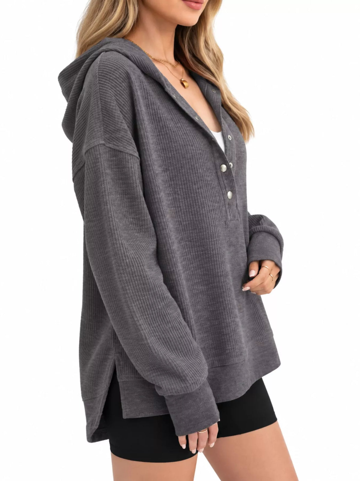 Women's Snap Button Placket Dropped Shoulder Hoodie in gray — side view