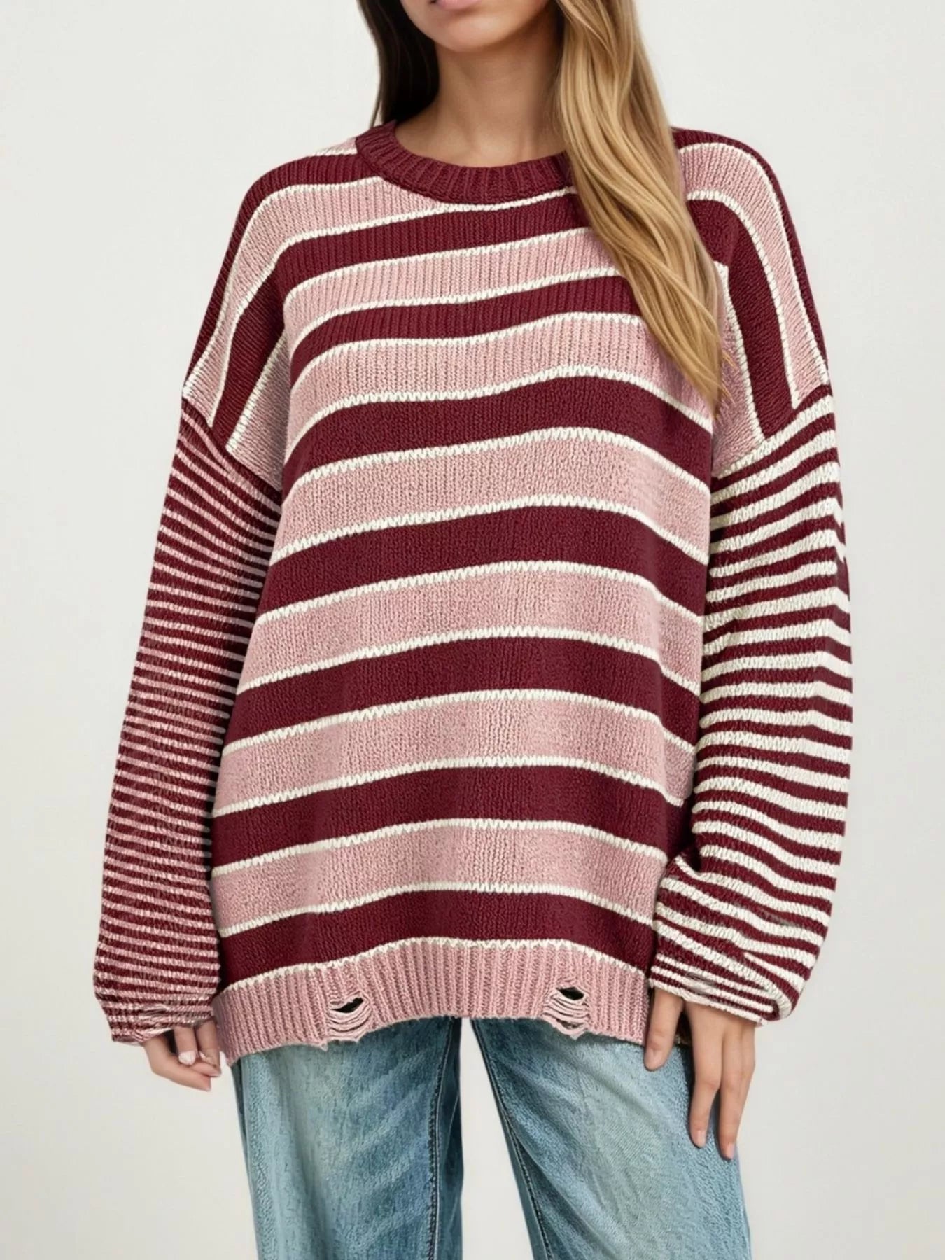 Trendsi Oversized Striped Distressed Sweater -