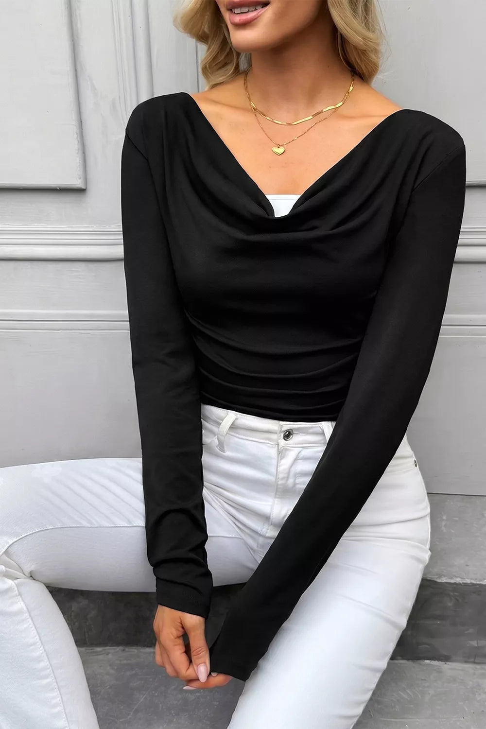 Draped-neck top, black seated front