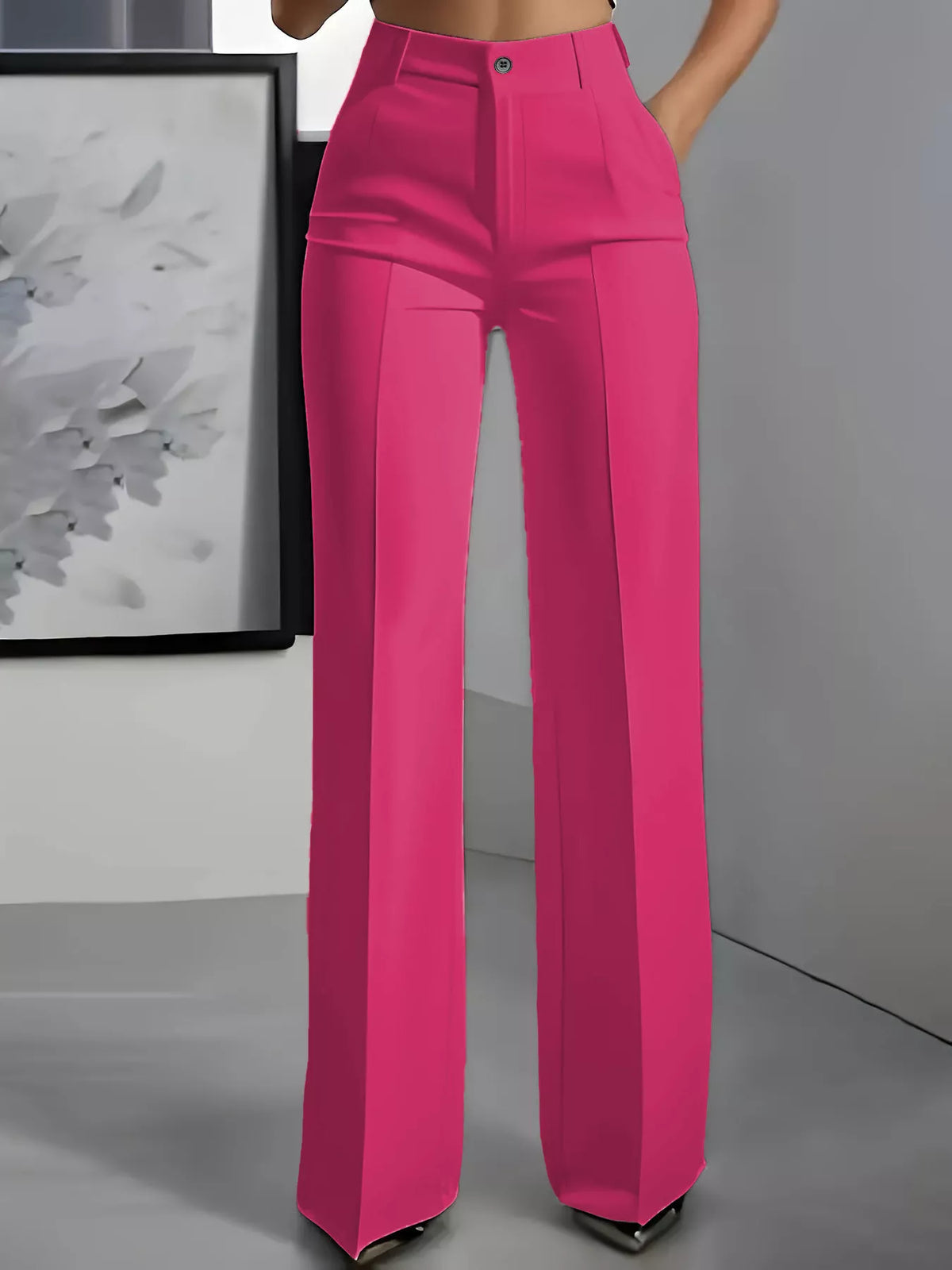 Hot pink high-waisted wide-leg pants, front view