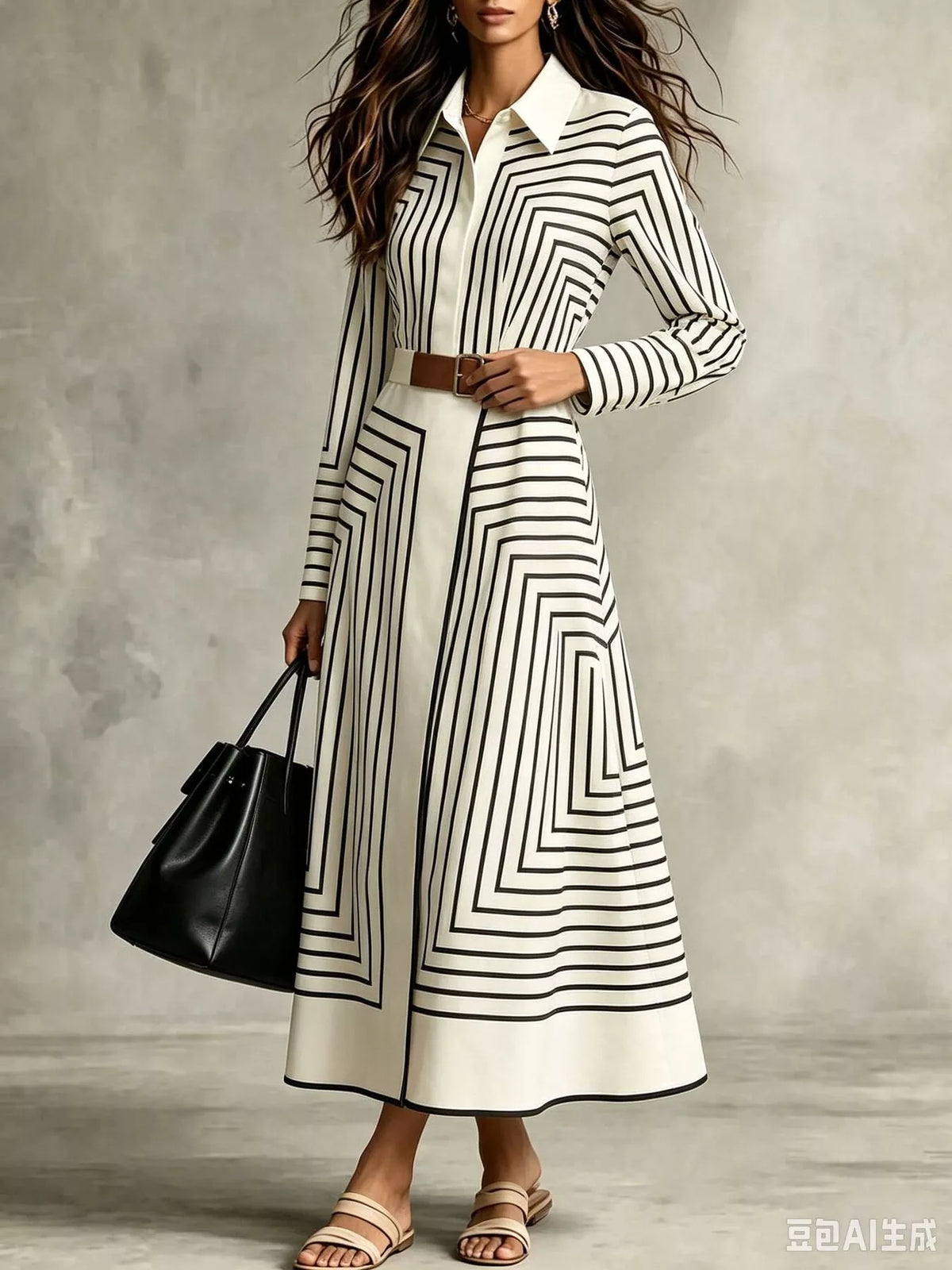 Geometric shirt dress, black and white front