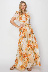 Trendsi HYFVE Floral Tie Back Short Sleeve Slit Maxi Dress -