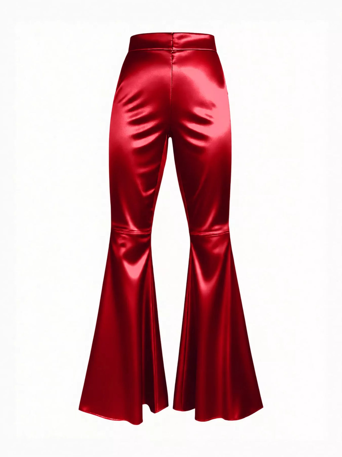 Red high-waisted flare pants — back view