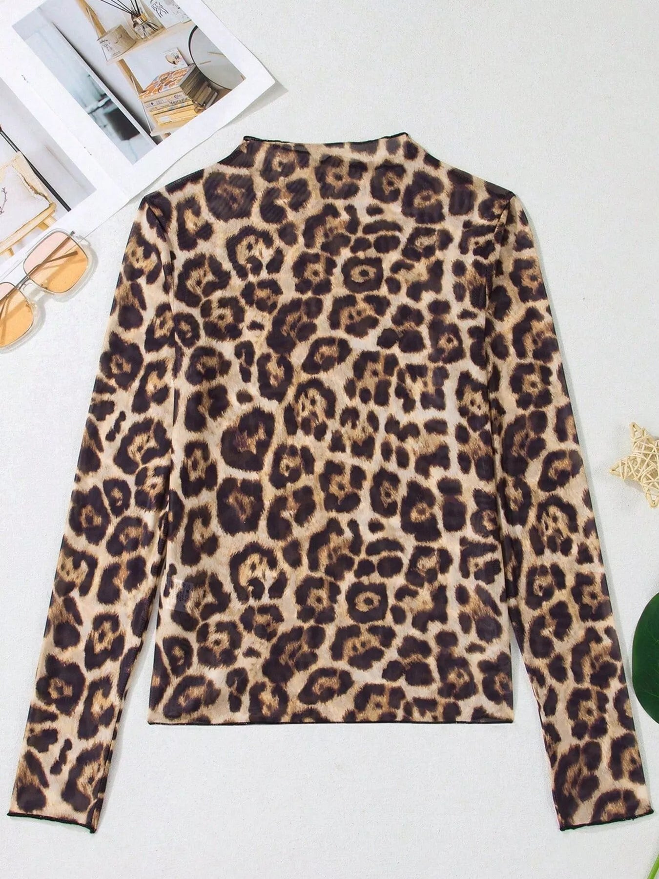 Trendsi Printed Mesh Long Sleeve Slim Fit Top -