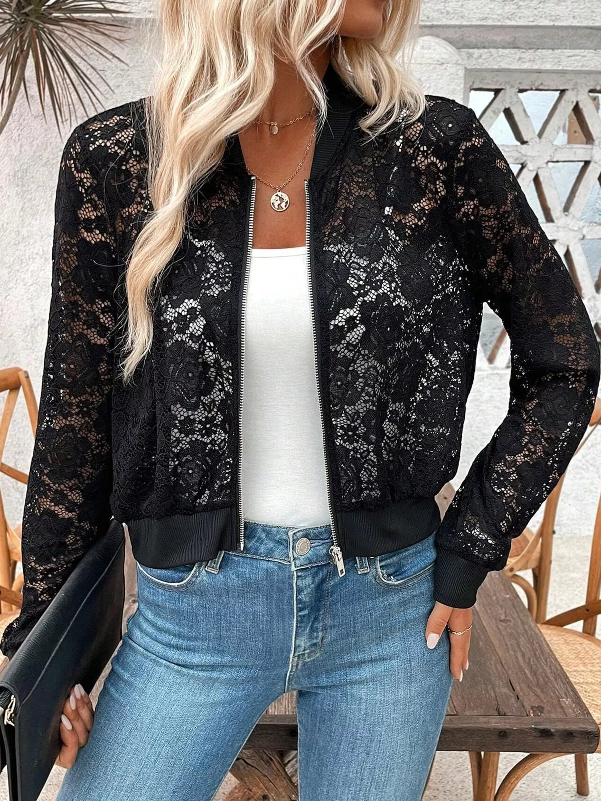 Black sheer lace zip-up jacket