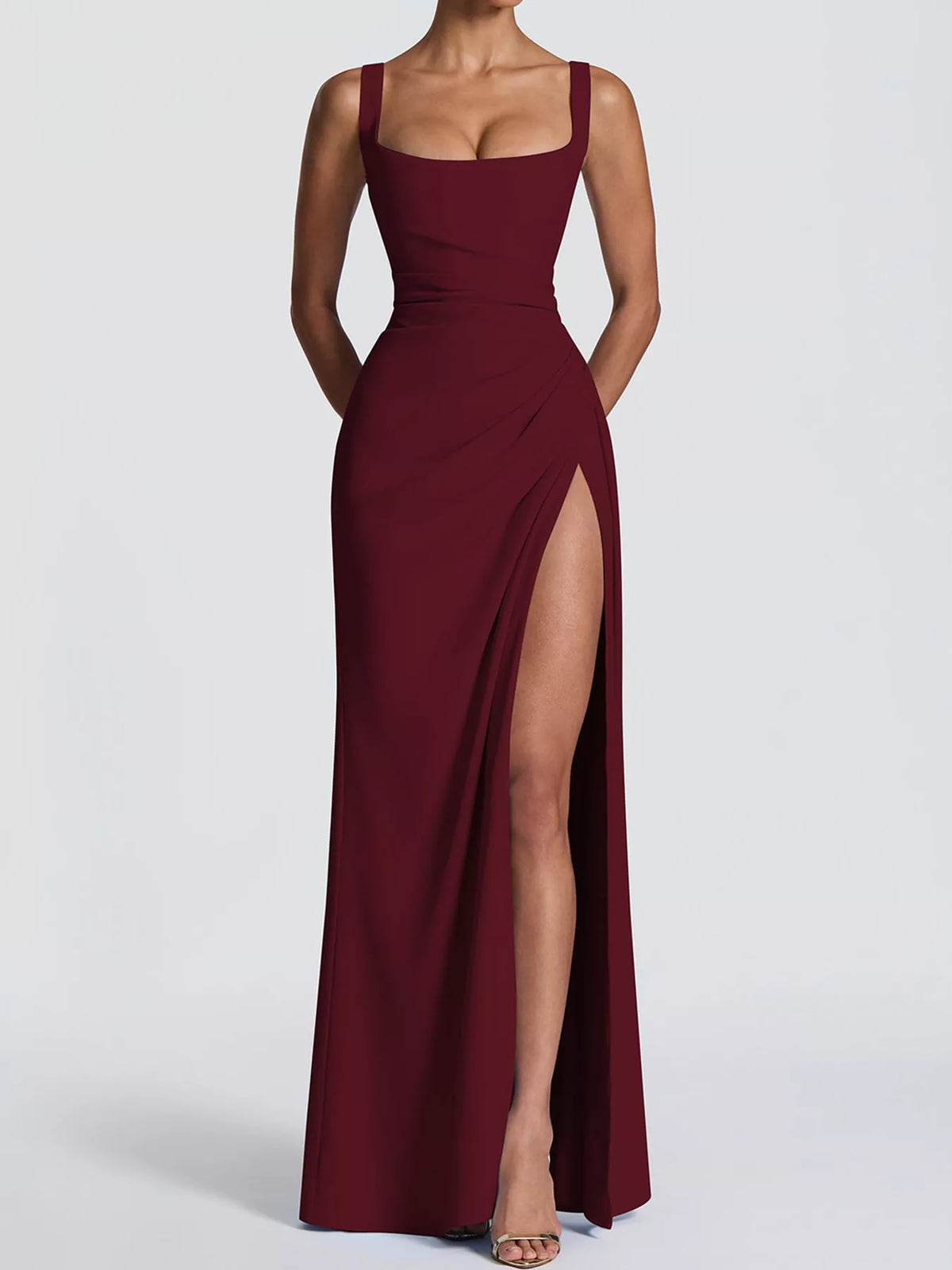 Women's Sleeveless High-Slit Evening Maxi Dress in burgundy — front view