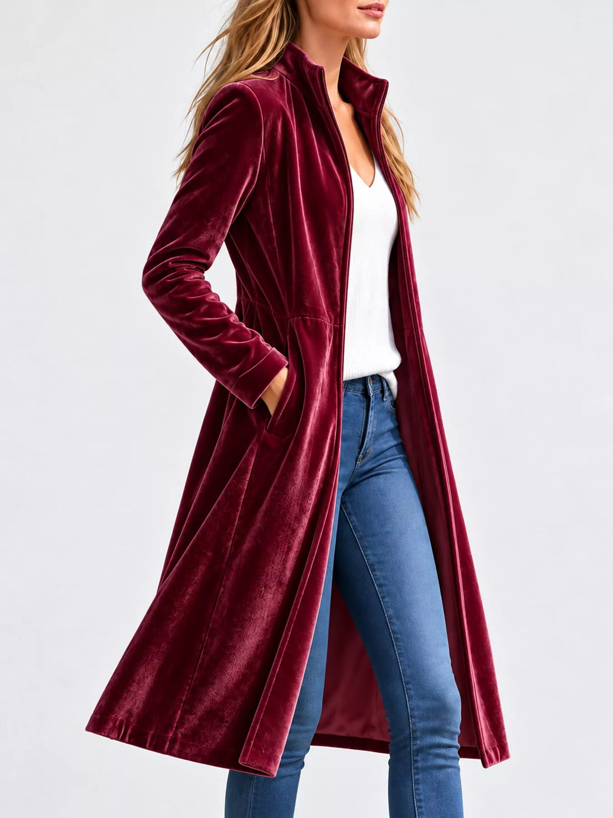 Burgundy velvet zip-up longline jacket