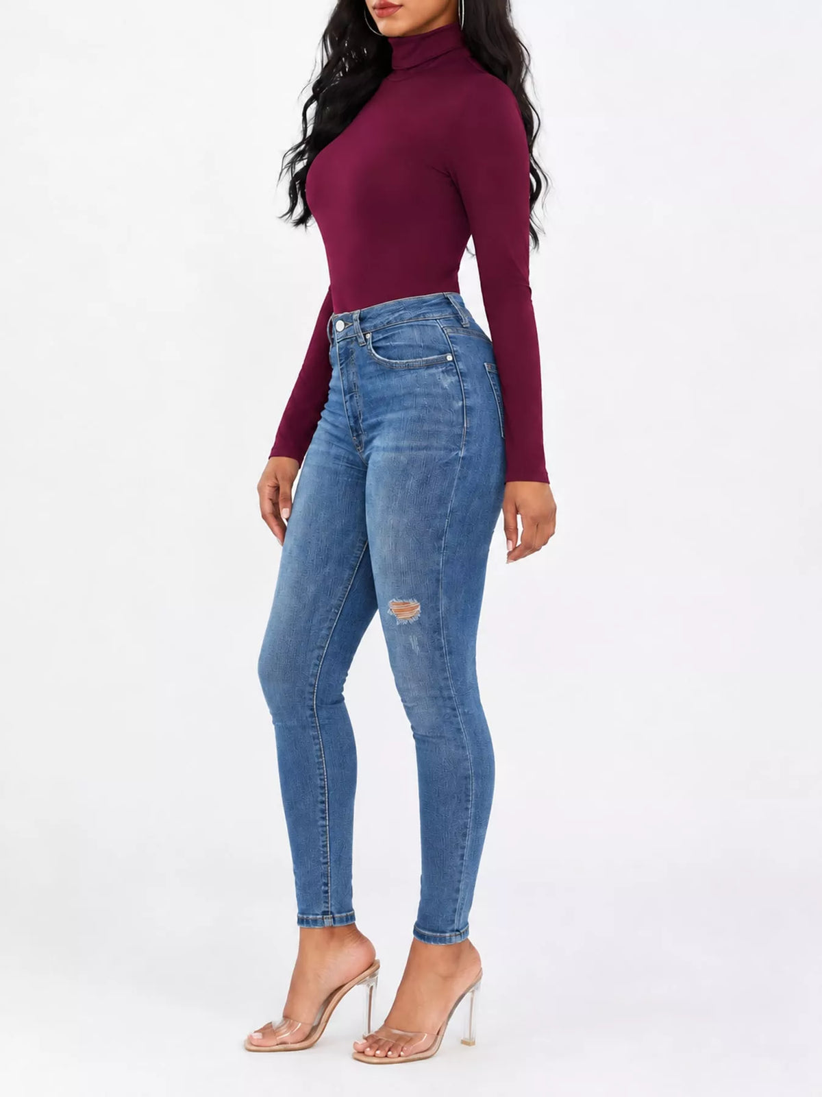 Long Sleeve Turtleneck Slim-Fit Bodysuit in burgundy