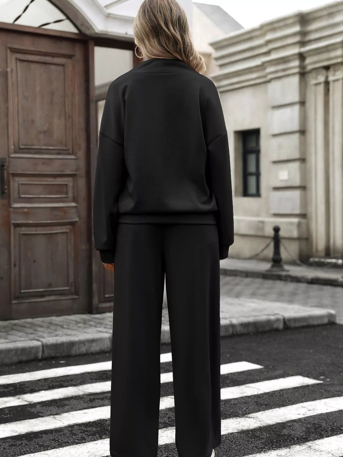 Trendsi Half Zip Sweatshirt and Wide-Leg Pants Set -