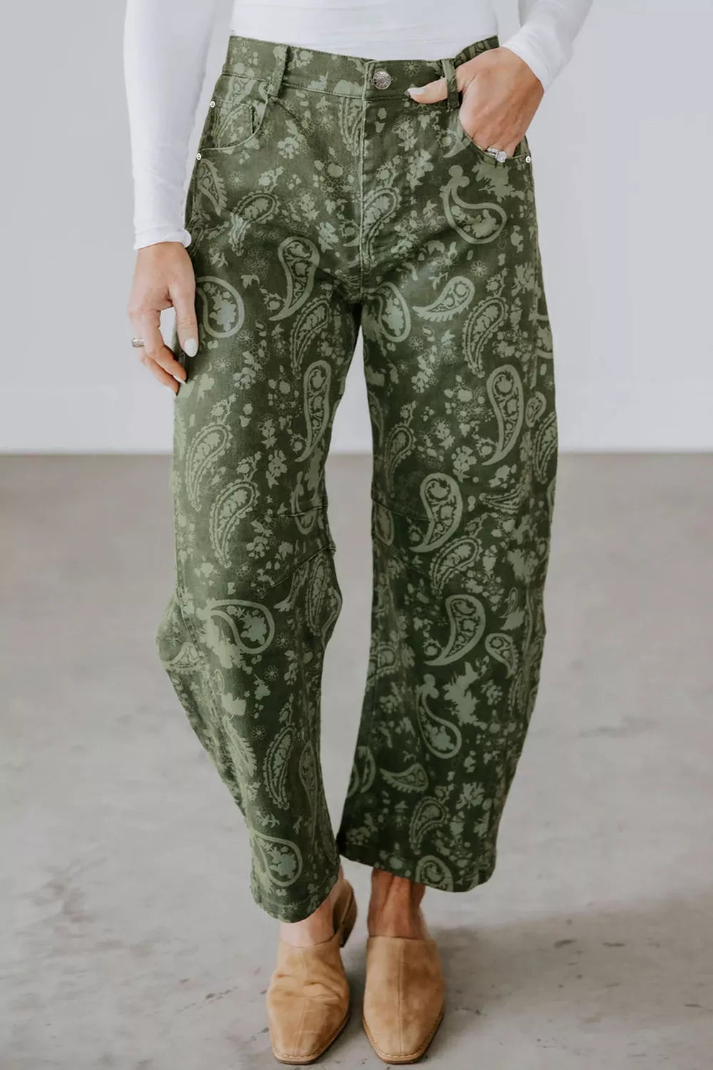 Green paisley print harem denim pants