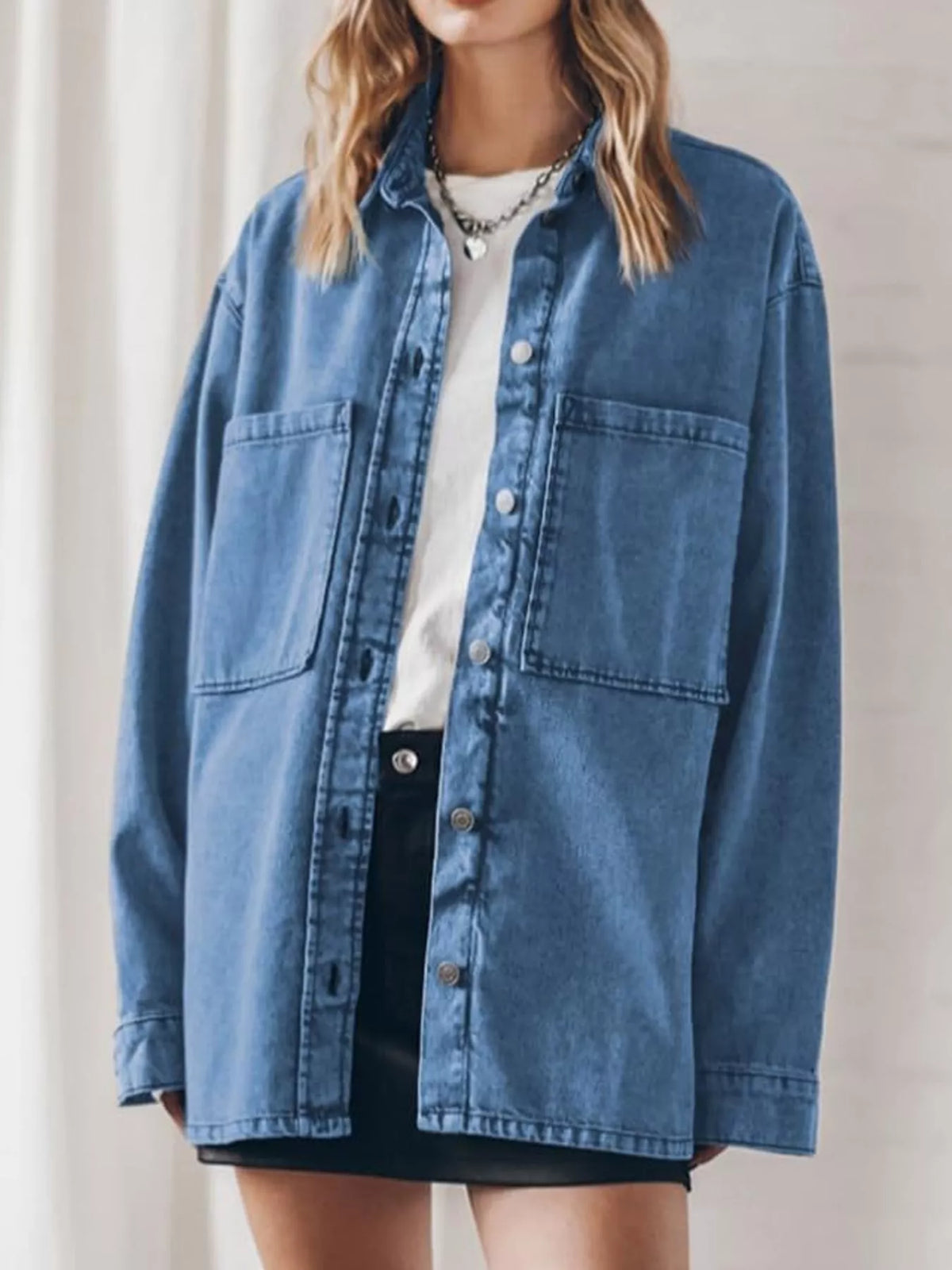 Button-Up Dropped Shoulder Denim Shacket — front view