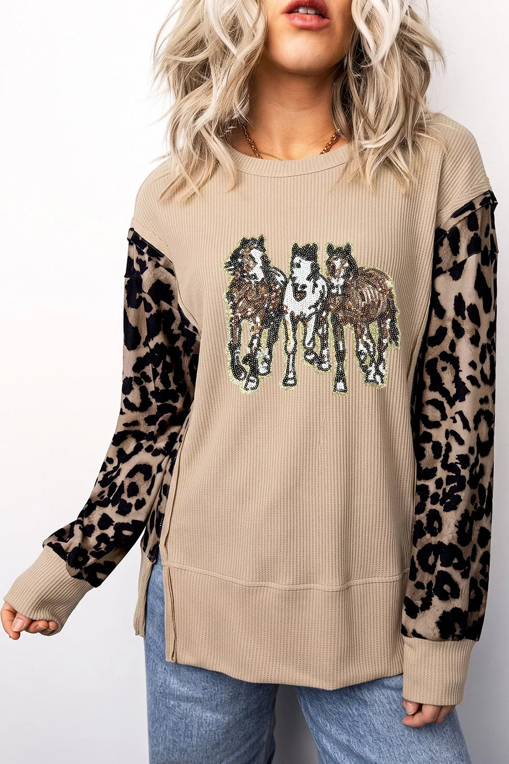 Trendsi Sequined Western Horse Graphic Leopard Sleeve Patchwork Waffle Knit Top -