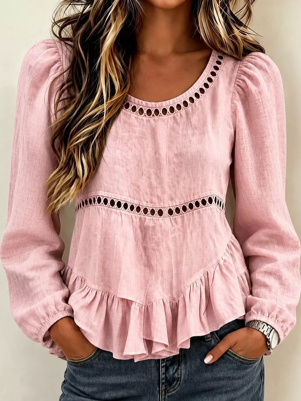 Women's Long Sleeve Blouse with Eyelet Lace Trim and Ruffled Hem in pink — front view