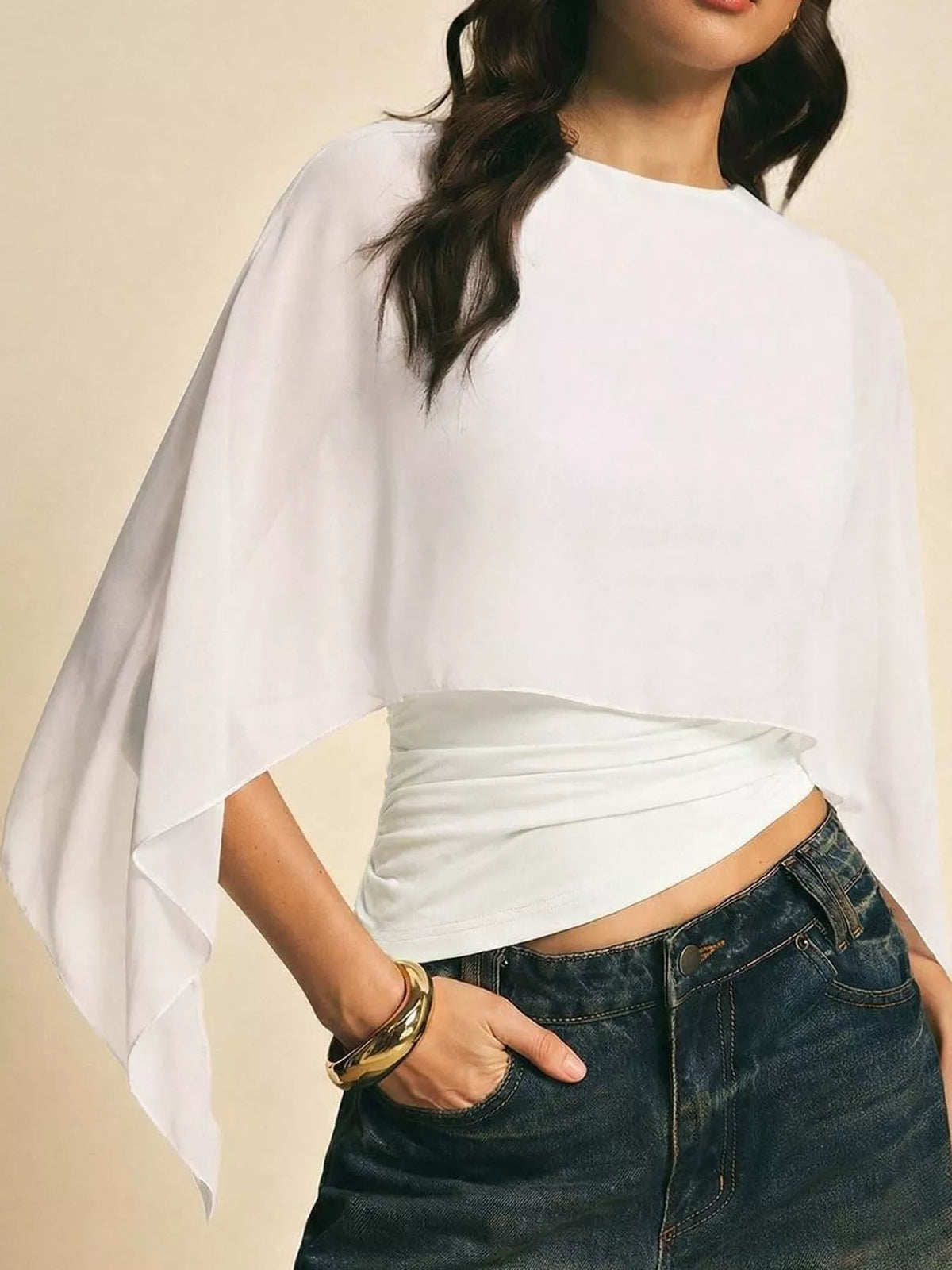 White cape sleeve round neck blouse
