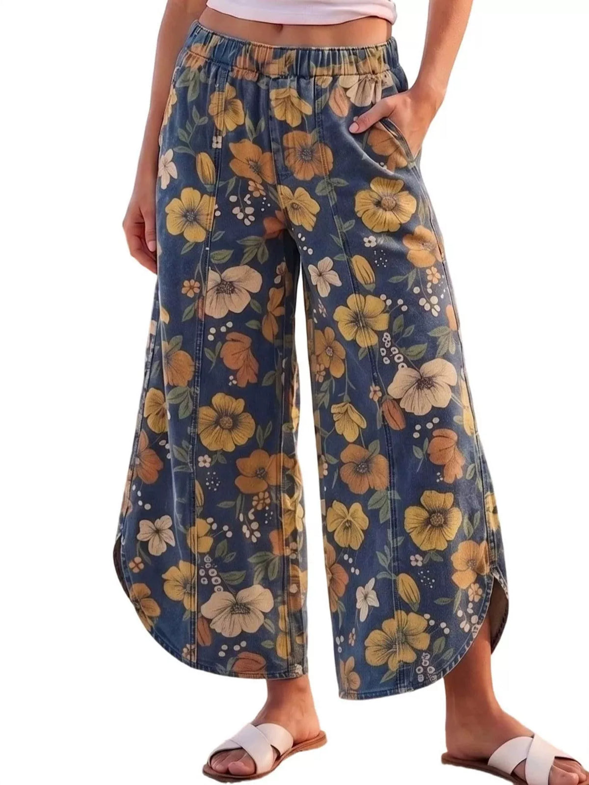 Blue floral wide-leg pants with elastic waist, product view