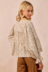 Trendsi BiBi Floral Printed Peplum Blouse with Shirring and Tied -