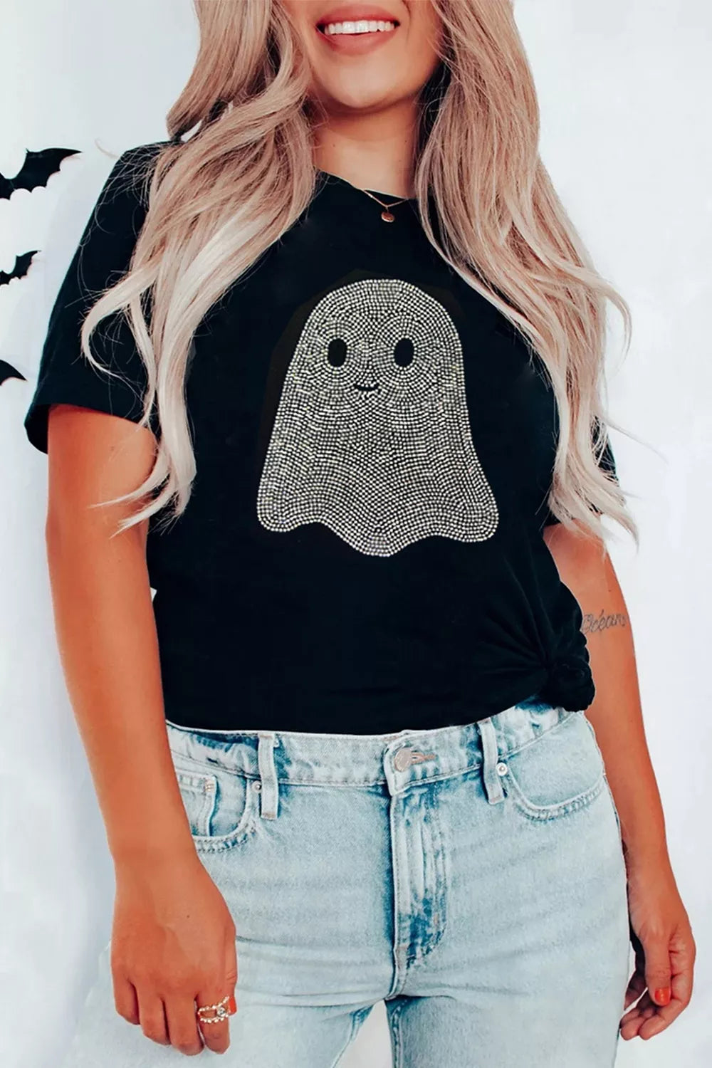 Rhinestone Ghost Round Neck T-Shirt in black, front view