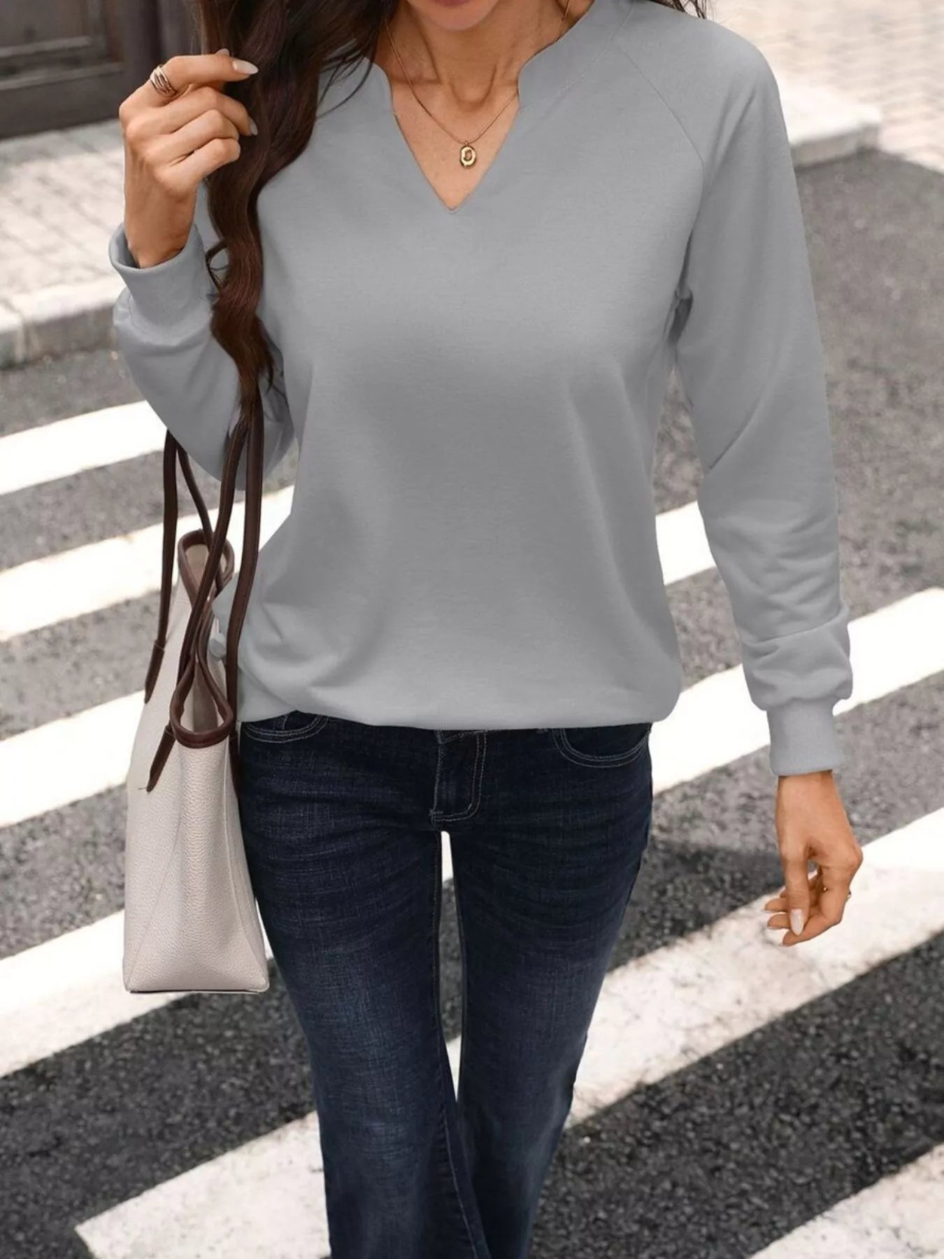 Trendsi Notched Raglan Sleeve Sweatshirt -