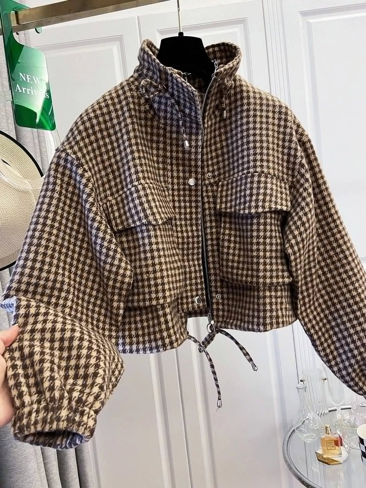 Light Brown plaid cropped zip-up jacket