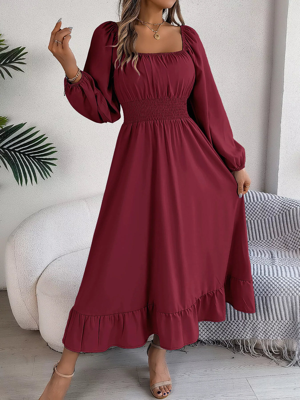 Wine Red square neck smocked waist long sleeve midi dress