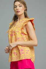 Trendsi Umgee Printed Ruffle Cap Sleeve Blouse -
