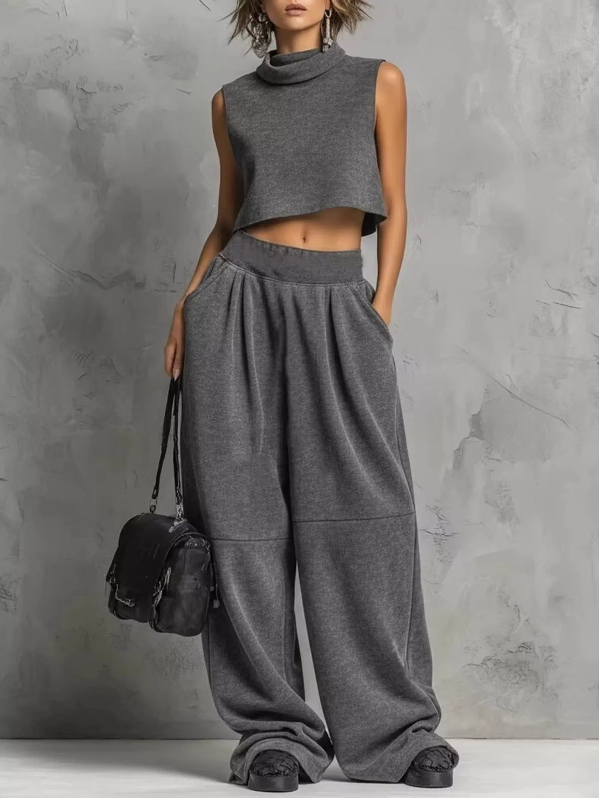 Gray Mock Neck Crop Top & Wide-Leg Sweatpants Set front view