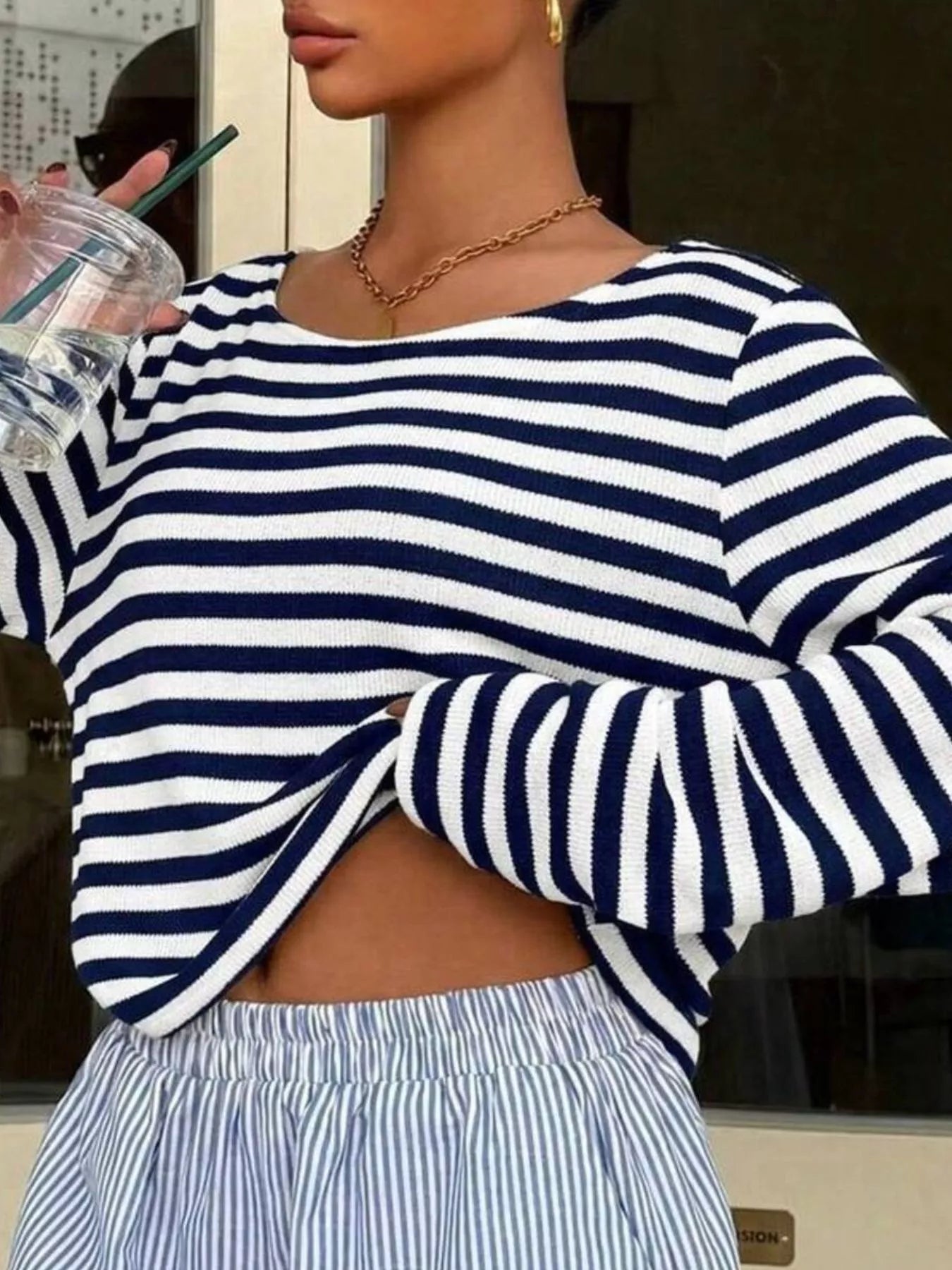Trendsi Boat Neck Striped Long Sleeve T-Shirt -