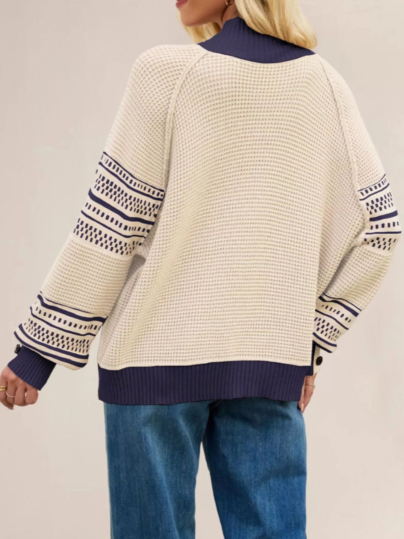 Trendsi Color-Block Mock Neck Waffle Knit Sweater -