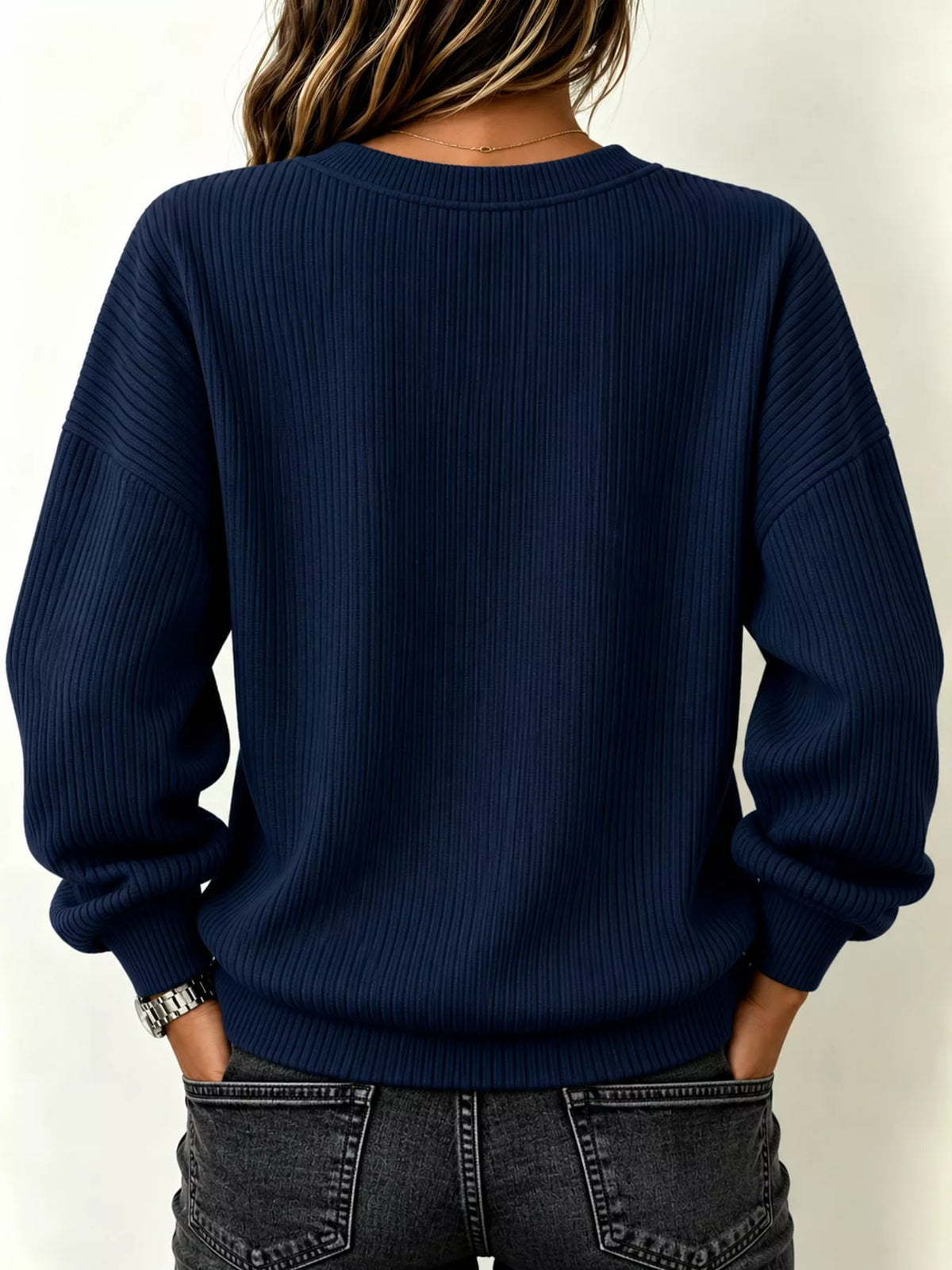 Women's Quarter-Zip Dropped Shoulder Sweatshirt in navy — back view