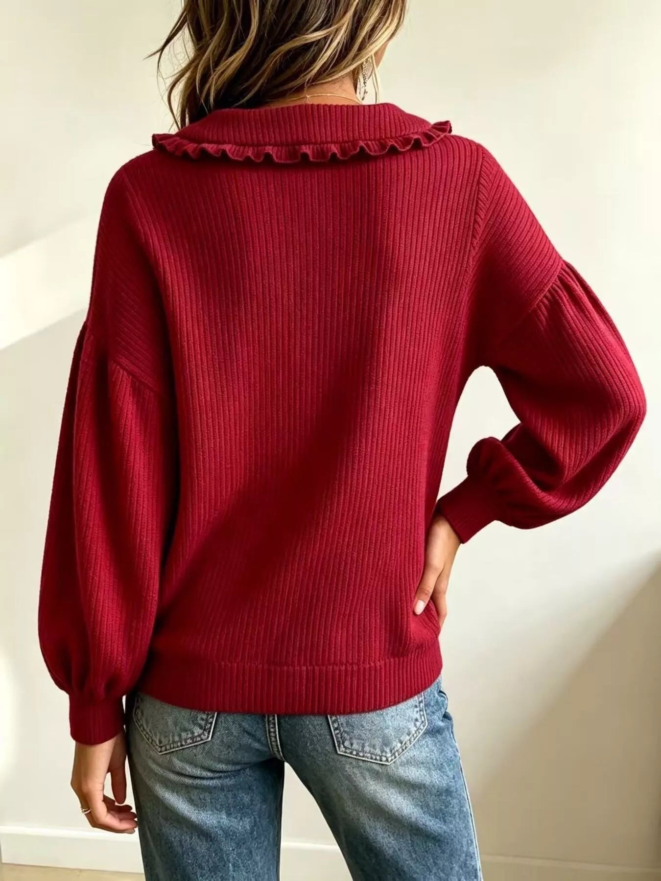 Trendsi Full Size Ruffle Collar Button Detail Sweater Plus Size -