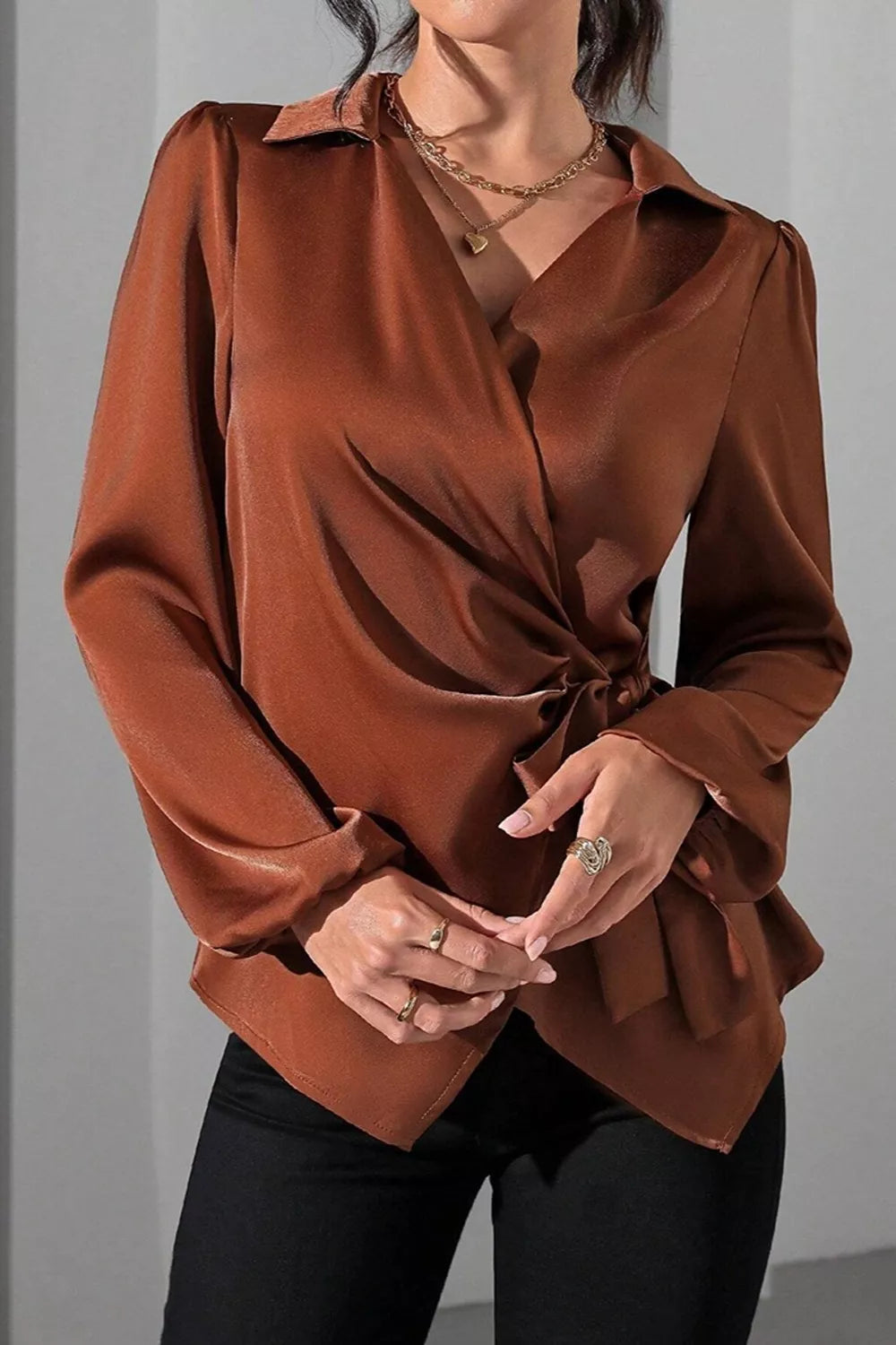 Trendsi Satin Tied Detail Long Sleeve Blouse -