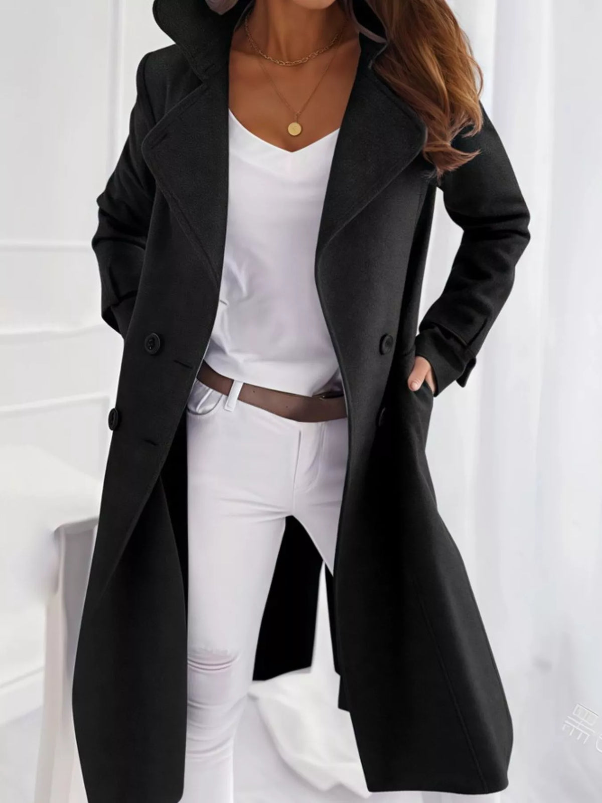 Black Double-Breasted Long Trench Coat, front view