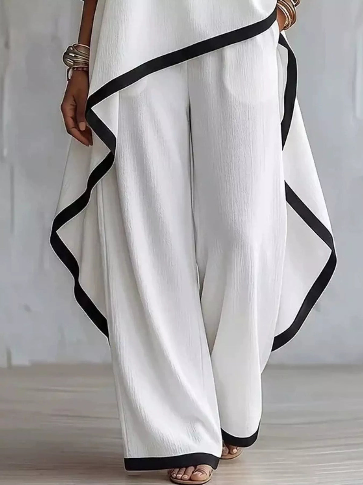 White contrast-trim top and pants set, wide-leg pants detail