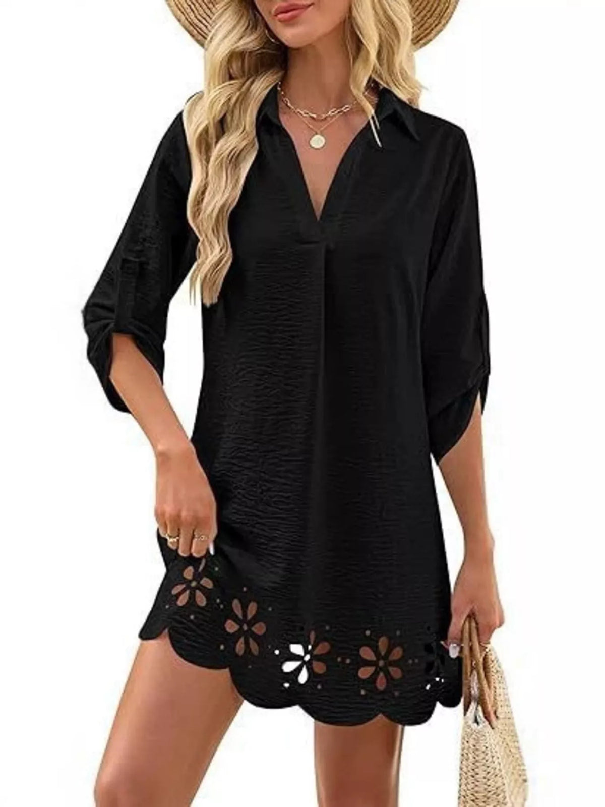 Trendsi Scalloped Eyelet Hem Roll-Up Sleeve Dress -