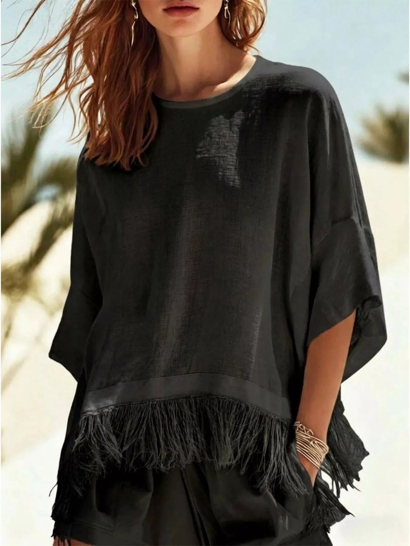 Trendsi Fringed 3/4 Sleeve Blouse -